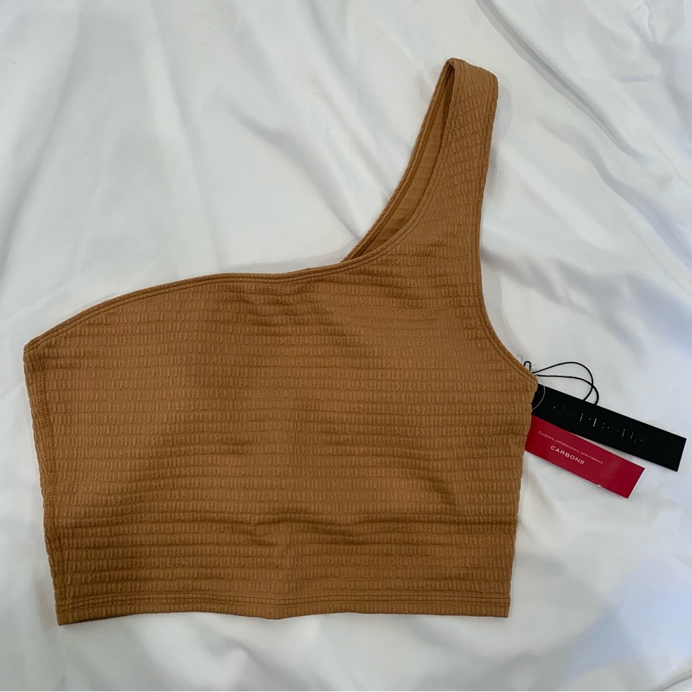 Brown Puckered Asymmetrical Sports Bra - Carbon38